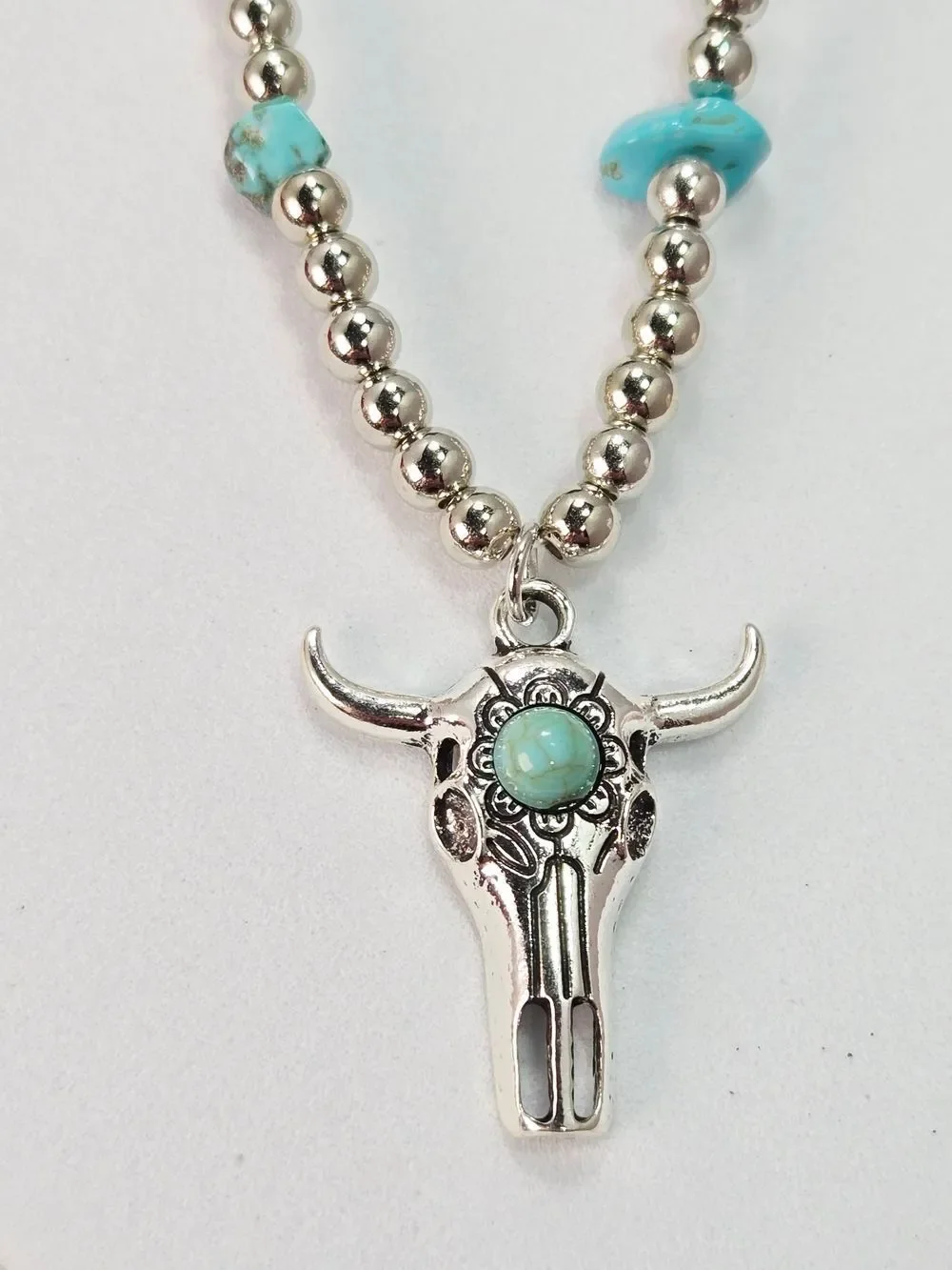 Western Steer Skull Necklace Turquoise Chip Beaded Chain Bull Head Festival Glam